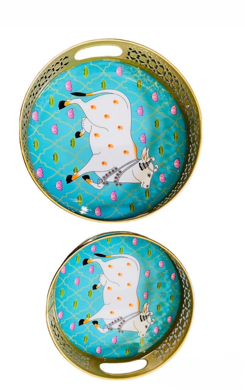 Set Of Exquisite Round Metal Trays With Pichwai Art, Nandi Cow Design Home Decor