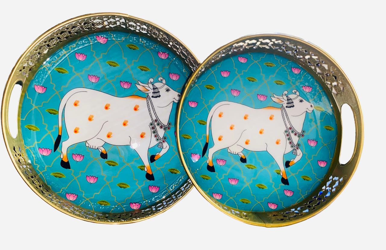 Set Of Exquisite Round Metal Trays With Pichwai Art, Nandi Cow Design Home Decor