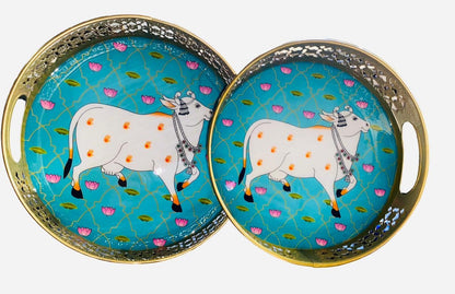 Set Of Exquisite Round Metal Trays With Pichwai Art, Nandi Cow Design Home Decor