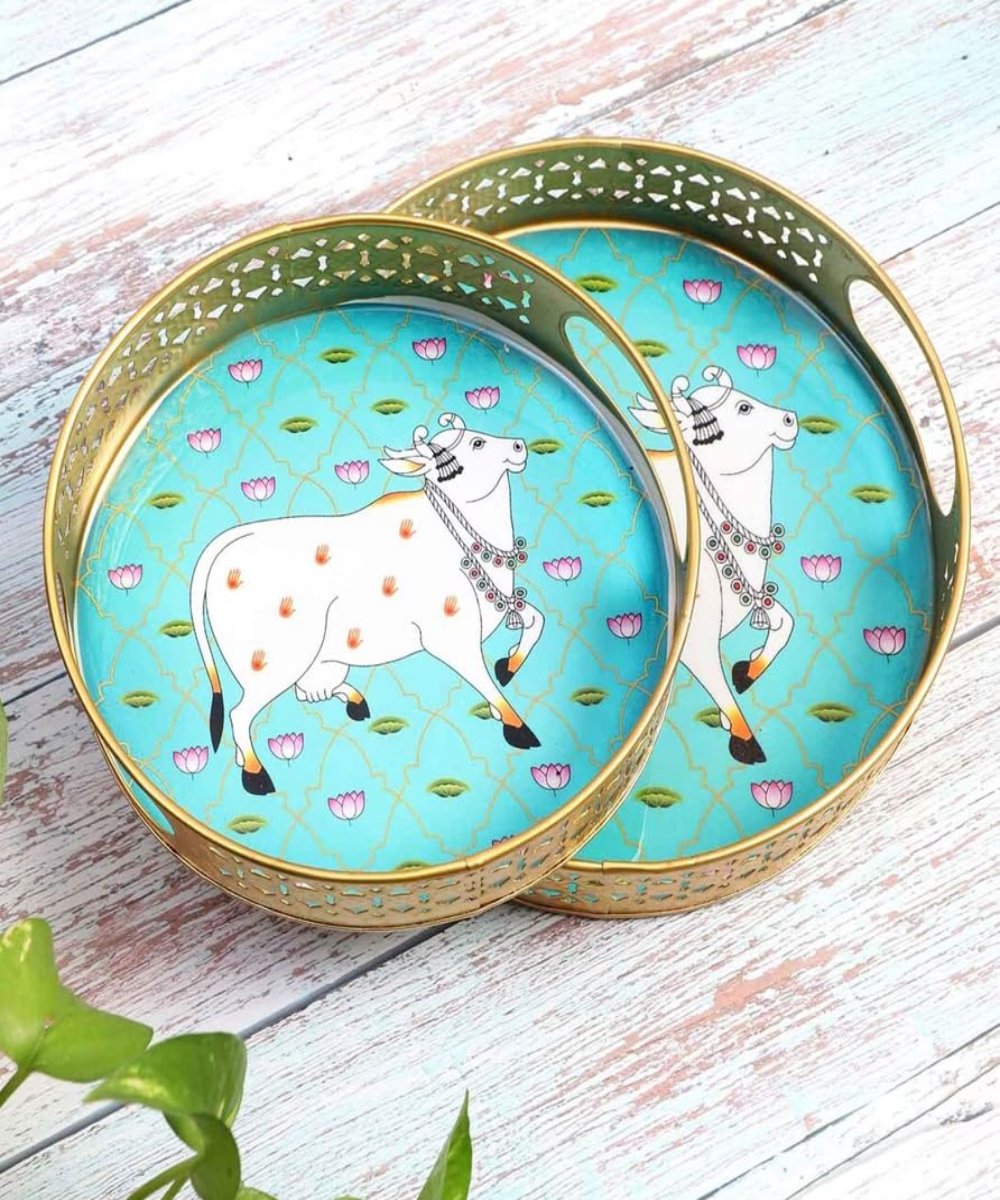 Set Of Exquisite Round Metal Trays With Pichwai Art, Nandi Cow Design Home Decor