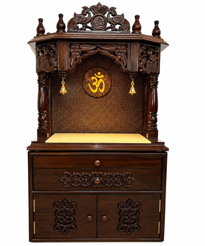 Wooden Pooja Mandir with Storage Cabinet & Drawer - Dark Walnut Finish