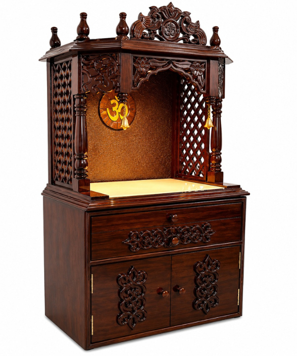 Wooden Pooja Mandir with Storage Cabinet & Drawer - Dark Walnut Finish
