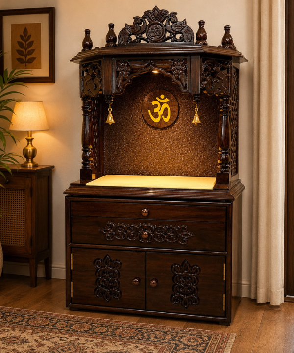 Wooden Pooja Mandir with Storage Cabinet & Drawer - Dark Walnut Finish