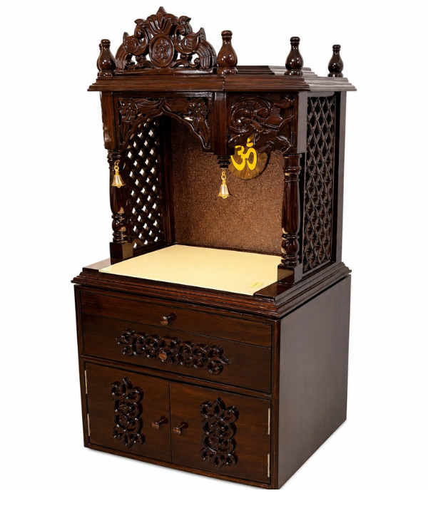 Wooden Pooja Mandir with Storage Cabinet & Drawer - Dark Walnut Finish