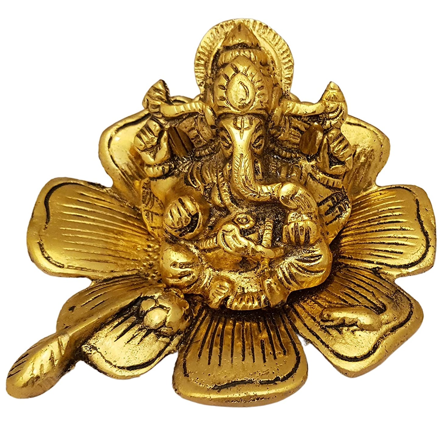 Ganesh Idol on Leaf Lord Ganesha with Diya Metal Hand Craved for Home Decor