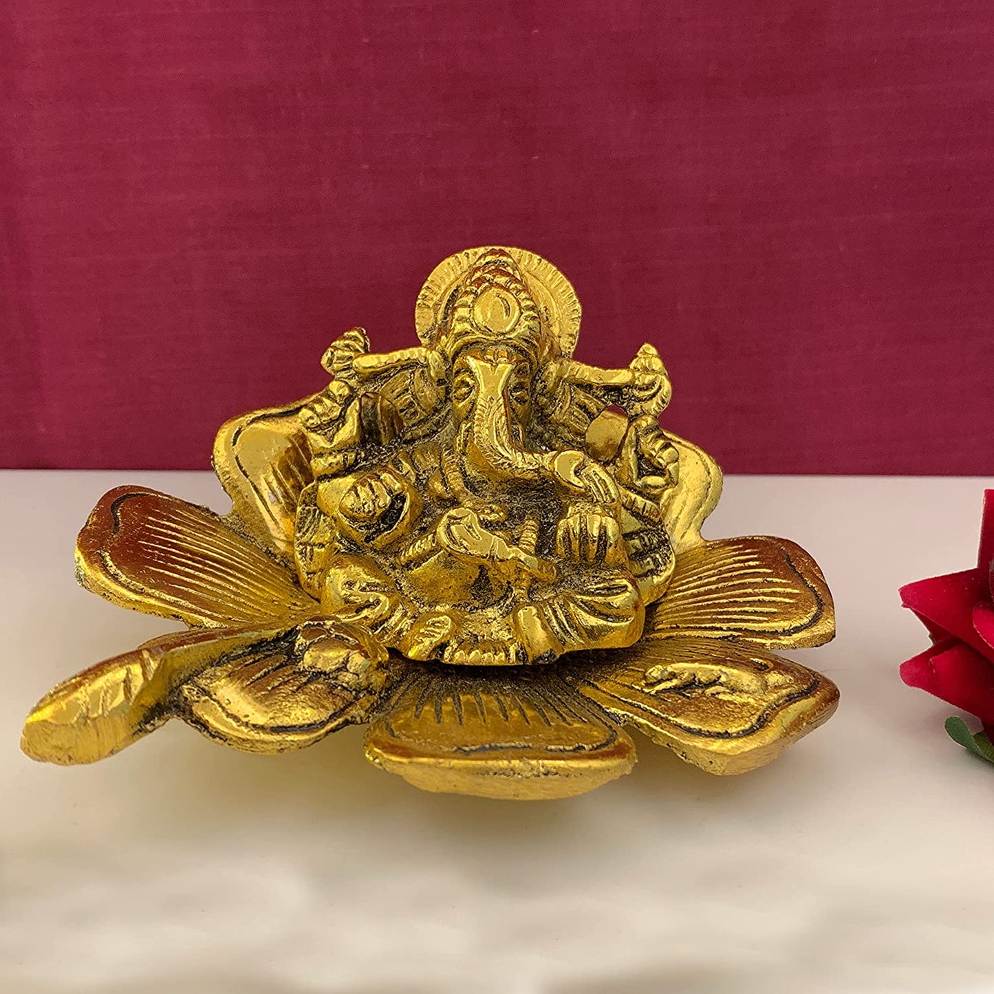 Ganesh Idol on Leaf Lord Ganesha with Diya Metal Hand Craved for Home Decor