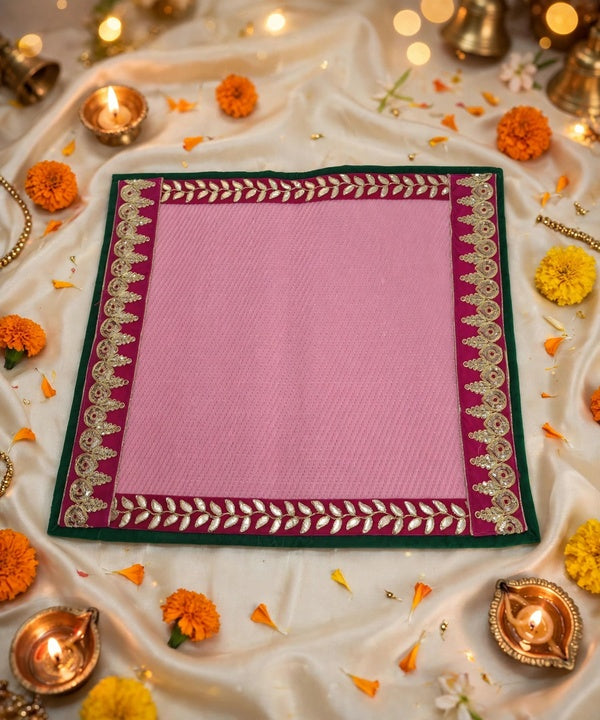 Pink Nylon Handmade Chatai/Mat with Green, Red & Golden sequins work on the Trim/Lace 24x24 (in inch)