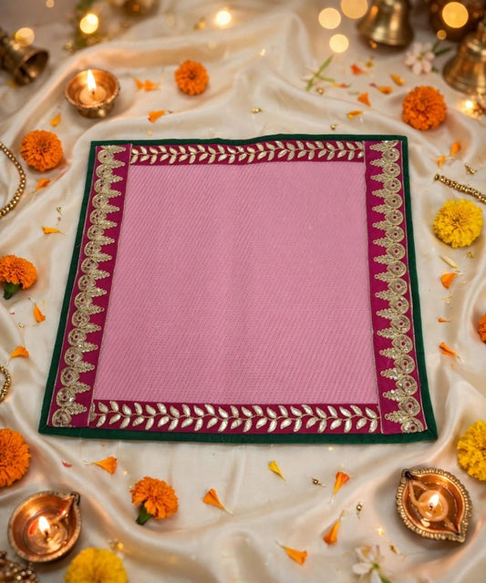 Pink Nylon Handmade Chatai/Mat with Green, Red & Golden sequins work on the Trim/Lace 24x24 (in inch)