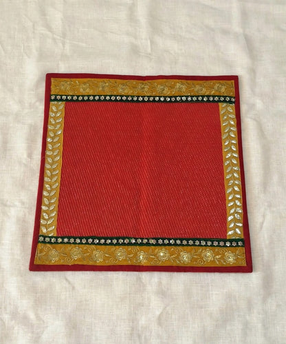 Red Nylon Handmade Chatai/Mat with Red,Yellow,Green & Golden sequins work on the Trim/Lace 24x24 (in inch)