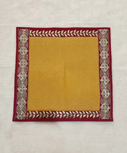 Yellow Nylon Handmade Chatai/Mat with Red & Golden sequins work on the Trim/Lace 24x24 (in inch)