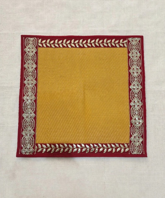 Yellow Nylon Handmade Chatai/Mat with Red & Golden sequins work on the Trim/Lace 24x24 (in inch)