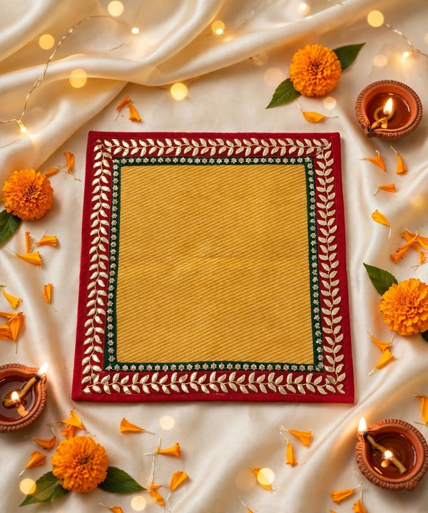 Yellow Nylon Handmade Chatai/Mat with Red, Green & Golden sequins work on the Trim/Lace 24x24 (in inch)