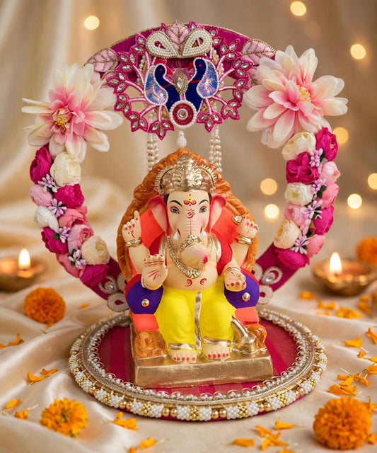 Pink Floral Peacock Round Backdrop for Ganesh Chaturthi