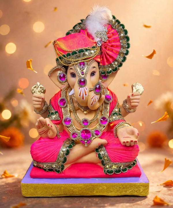 15 Inch Clay Swaroop Ganpati - Pink Peshwa Pagdi, Purple Stone Work & Gol Chaurang