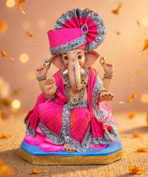 15 Inch Clay Ganesha Idol - Pink Peshwa Pagdi with Silver Lace & Ruby Stone Work