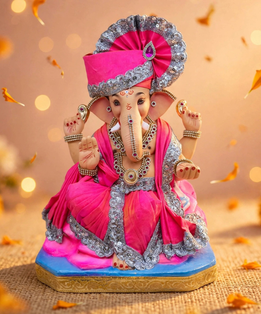 15 Inch Clay Ganesha Idol - Pink Peshwa Pagdi with Silver Lace & Ruby Stone Work