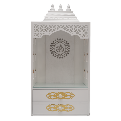 Elegant White Wooden Pooja Mandir with Side Bell Panels & Illuminated OM Back – Compact Temple for Home with Storage Drawers