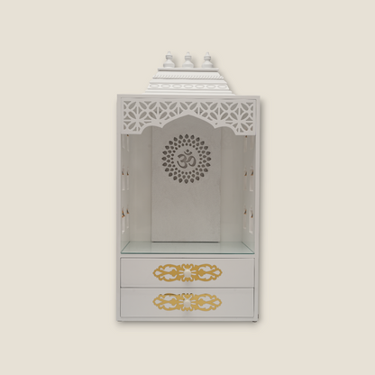 Elegant White Wooden Pooja Mandir with Side Bell Panels & Illuminated OM Back – Compact Temple for Home with Storage Drawers