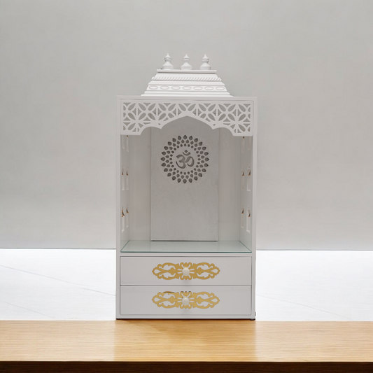 Elegant White Wooden Pooja Mandir with Side Bell Panels & Illuminated OM Back – Compact Temple for Home with Storage Drawers