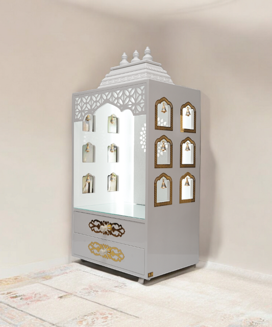 Elegant White Wooden Pooja Mandir with Side Bell Panels & Illuminated OM Back – Compact Temple for Home with Storage Drawers