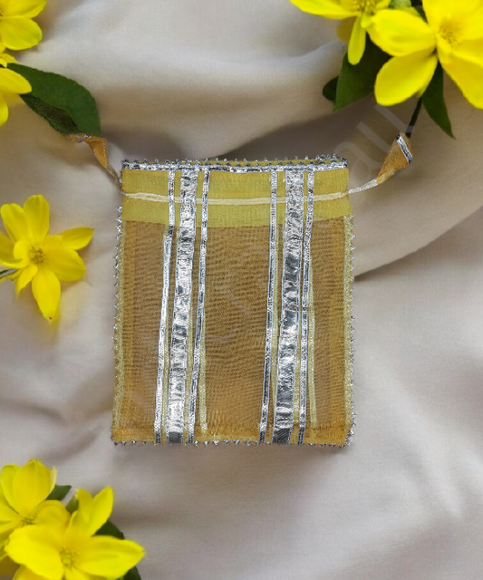Ethnic Net Potli Gift Bags with Silver Border, 5pc(Assorted Colors)