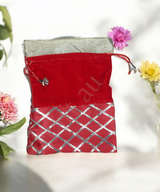 5 Pc Velvet  Potli Gift Bag with Silver Grid Design,Drawstring Pouch for Return Gifts & Weddings