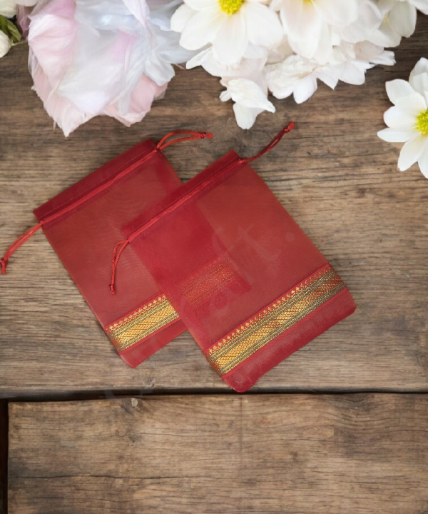 Ethnic Zari Border Organza Pouch Potli, Set of 5 Decorative Gift Bags Assorted Color