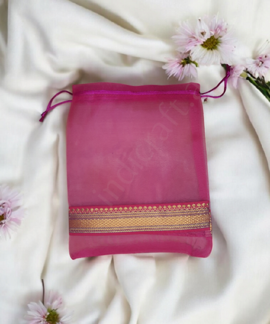 Ethnic Zari Border Organza Pouch Potli, Set of 5 Decorative Gift Bags Assorted Color