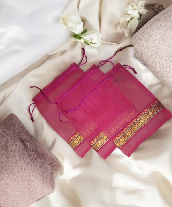 Ethnic Zari Border Organza Pouch Potli, Set of 5 Decorative Gift Bags Assorted Color