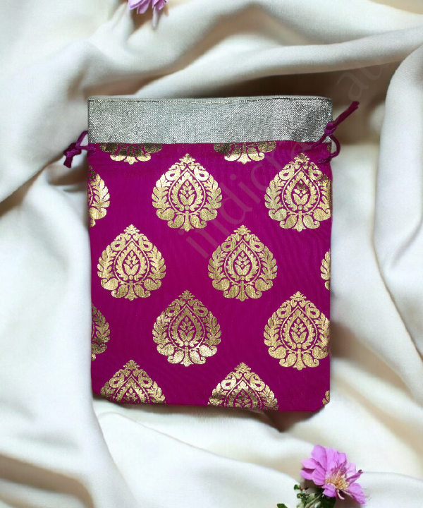 Golden Leaf Colorful Potli Pouches,Gift Bag, 5pc Pack Assorted Color