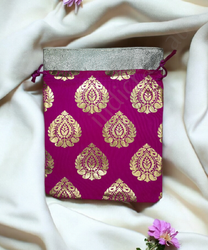 Golden Leaf Colorful Potli Pouches,Gift Bag, 5pc Pack Assorted Color