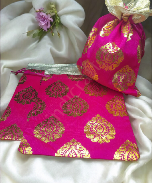 Golden Leaf Colorful Potli Pouches,Gift Bag, 5pc Pack Assorted Color