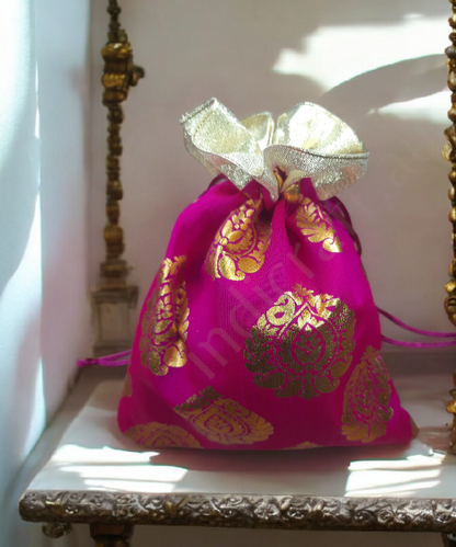 Golden Leaf Colorful Potli Pouches,Gift Bag, 5pc Pack Assorted Color