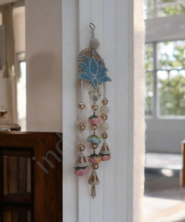 Lotus Motif Pearl & Floral Latkan Hanging – Elegant Pair for Mandir & Festive Decor (Set of 2)