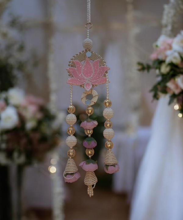 Lotus Motif Pearl & Floral Latkan Hanging – Elegant Pair for Mandir & Festive Decor (Set of 2)