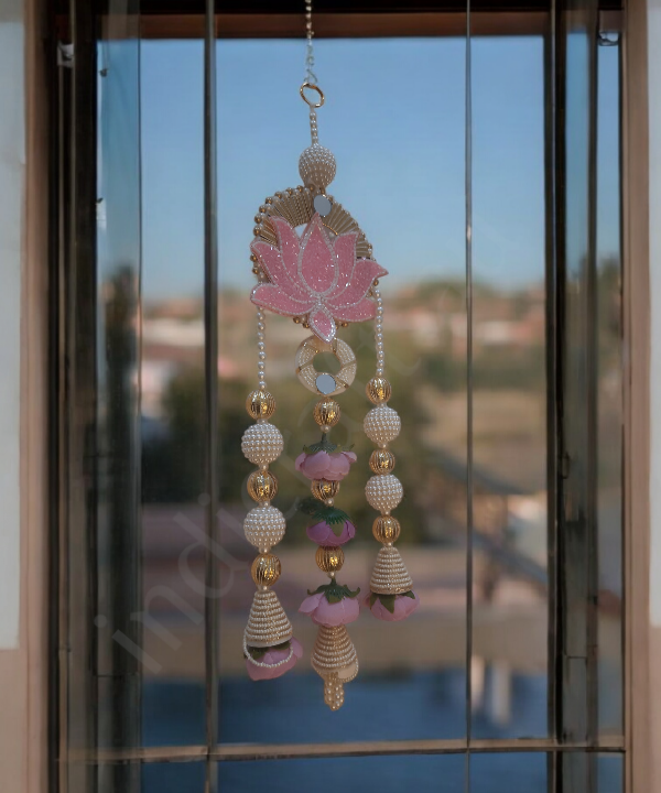 Lotus Motif Pearl & Floral Latkan Hanging – Elegant Pair for Mandir & Festive Decor (Set of 2)