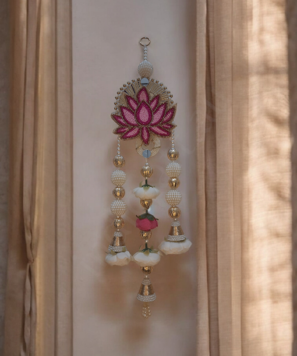 Lotus Motif Pearl & Floral Latkan Hanging – Elegant Pair for Mandir & Festive Decor (Set of 2)