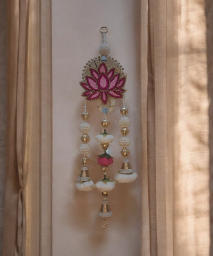 Lotus Motif Pearl & Floral Latkan Hanging – Elegant Pair for Mandir & Festive Decor (Set of 2)