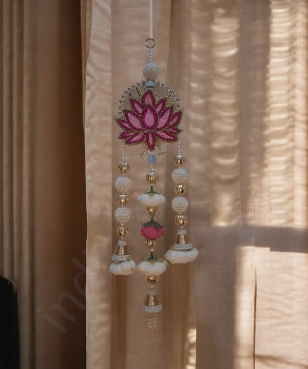 Lotus Motif Pearl & Floral Latkan Hanging – Elegant Pair for Mandir & Festive Decor (Set of 2)