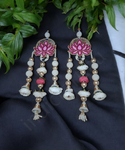 Lotus Motif Pearl & Floral Latkan Hanging – Elegant Pair for Mandir & Festive Decor (Set of 2)