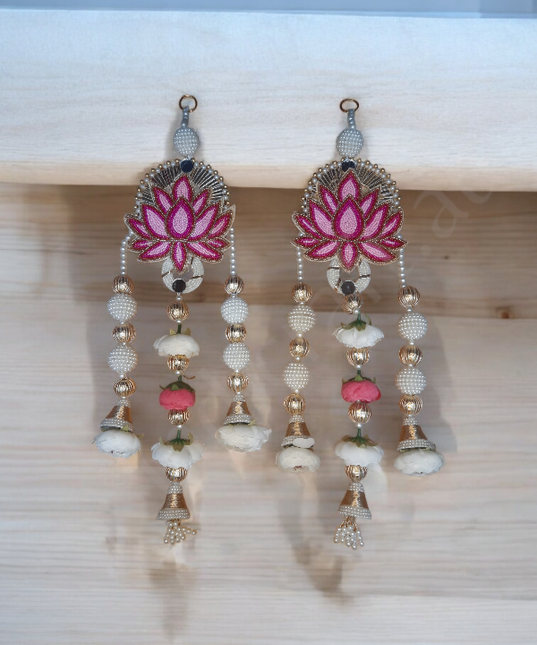 Lotus Motif Pearl & Floral Latkan Hanging – Elegant Pair for Mandir & Festive Decor (Set of 2)