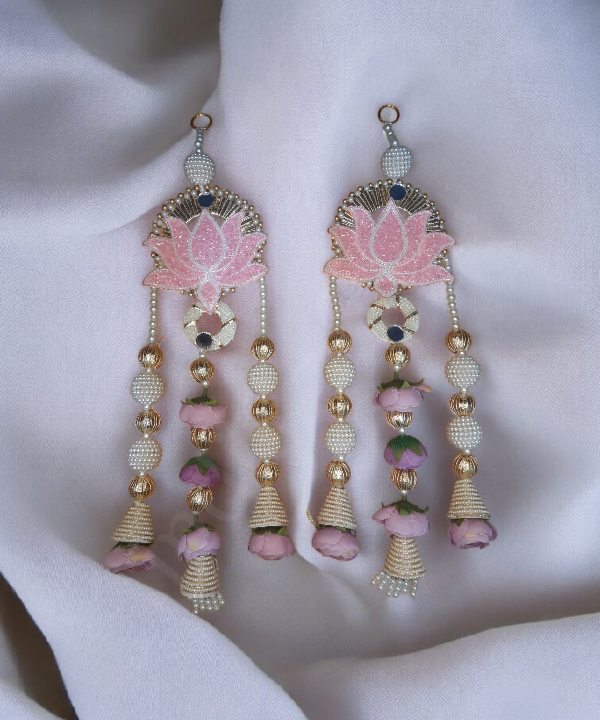 Lotus Motif Pearl & Floral Latkan Hanging – Elegant Pair for Mandir & Festive Decor (Set of 2)