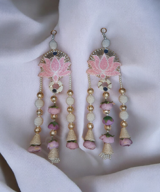 Lotus Motif Pearl & Floral Latkan Hanging – Elegant Pair for Mandir & Festive Decor (Set of 2)