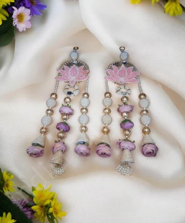 Lotus Motif Pearl & Floral Latkan Hanging – Elegant Pair for Mandir & Festive Decor (Set of 2)