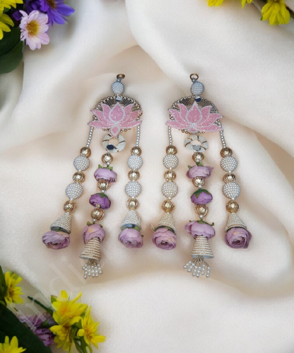 Lotus Motif Pearl & Floral Latkan Hanging – Elegant Pair for Mandir & Festive Decor (Set of 2)