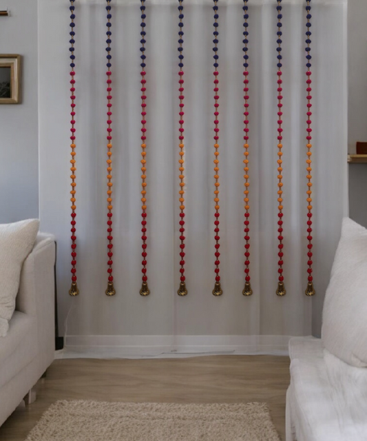 5 Pc Colorful Handmade PomPom Garland with Bells,Wall Décor Hanging in Blue, Pink, Yellow & Red