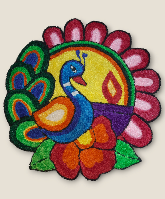 3 Feet Peacock Design Woolen Rangoli Mat, Handcrafted Floor Décor for Festivals & Pooja 1Pc