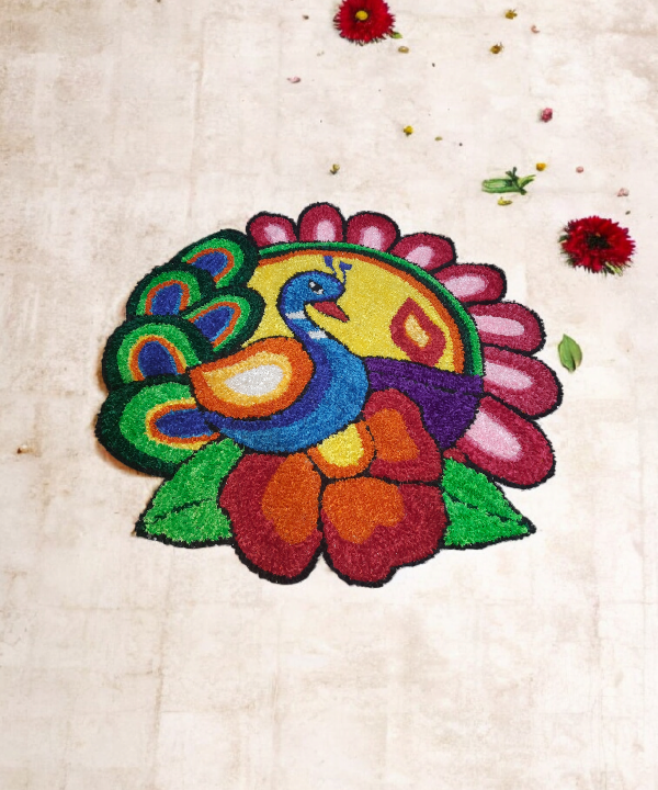 3 Feet Peacock Design Woolen Rangoli Mat, Handcrafted Floor Décor for Festivals & Pooja 1Pc