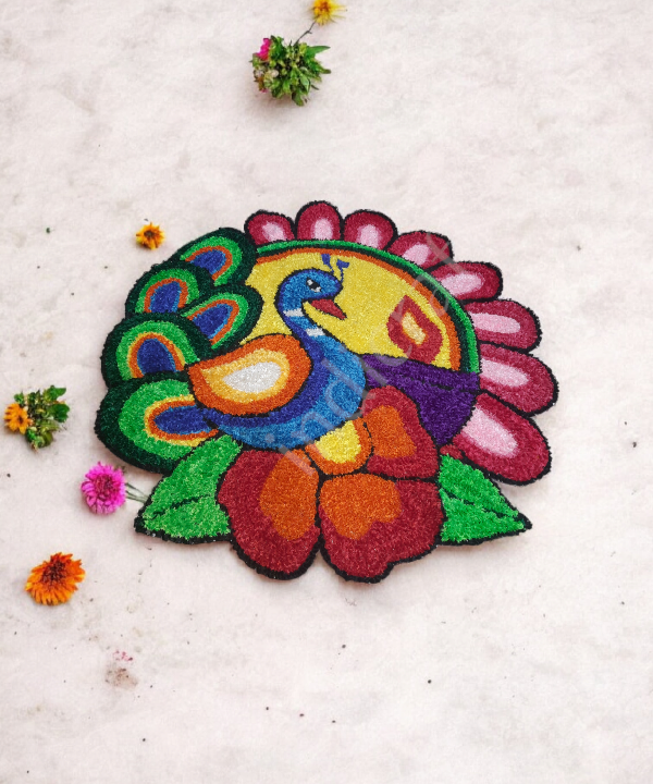 3 Feet Peacock Design Woolen Rangoli Mat, Handcrafted Floor Décor for Festivals & Pooja 1Pc