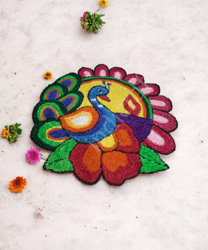 3 Feet Peacock Design Woolen Rangoli Mat, Handcrafted Floor Décor for Festivals & Pooja 1Pc